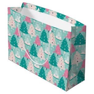 Grand Sac Cadeau Neige De Noël Rose Et Vert