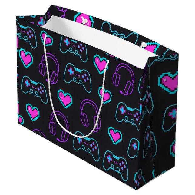 Grand Sac Cadeau Neon Gamer Controller and Hearts Pattern (Dos Angle)