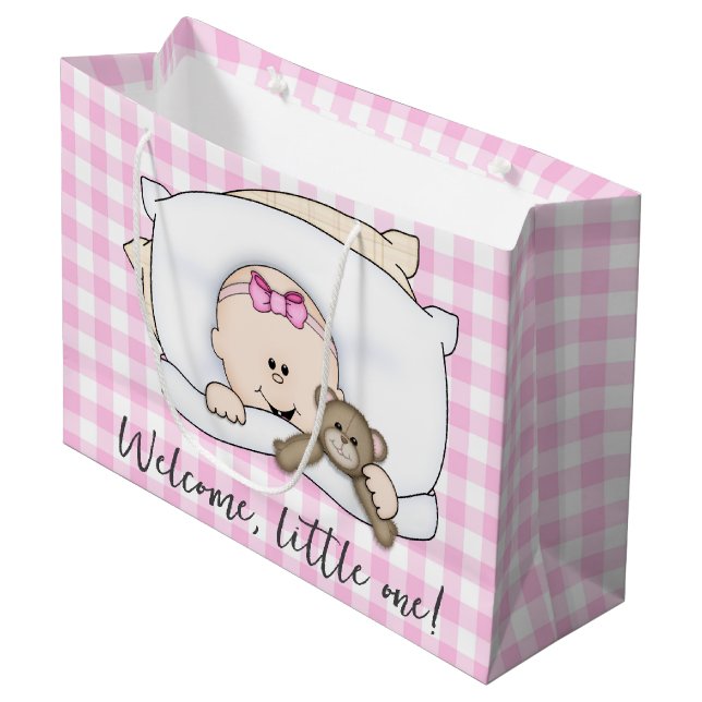 Grand Sac Cadeau New Baby Girl With Teddy Bear On Gingham (Devant Angle)