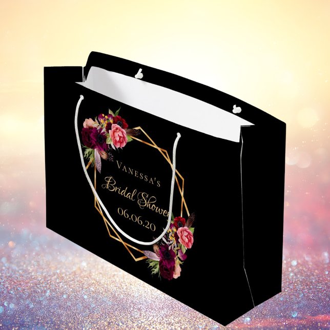 Grand Sac Cadeau Noce Fleurs noires de couleur bordeaux (Créateur téléchargé)