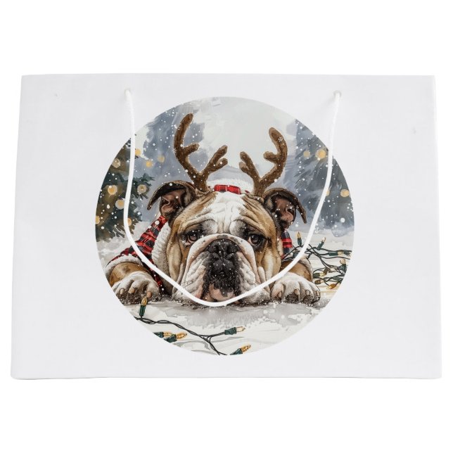Grand Sac Cadeau Noël anglais Bulldog Reindeer (Devant)