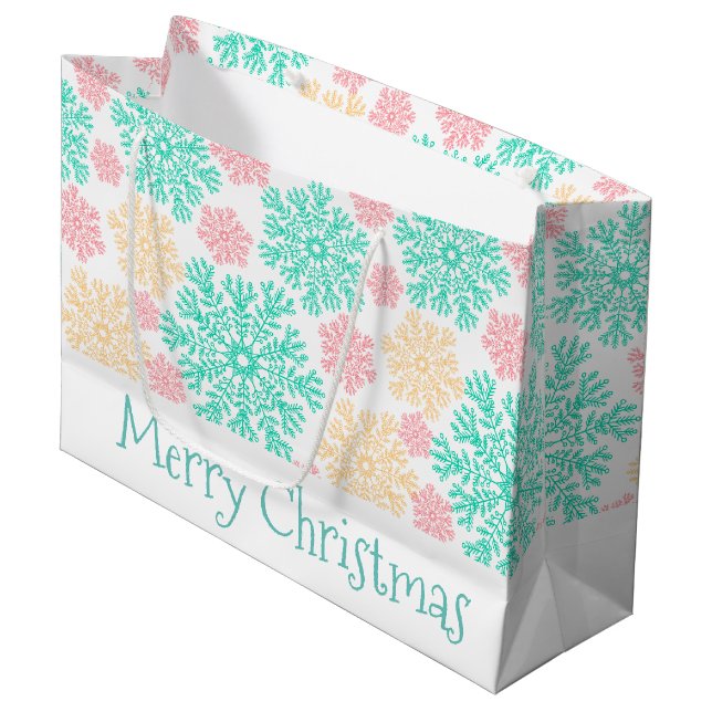 Grand Sac Cadeau Noël Aqua Pink et Gold Snowflakes (Devant Angle)