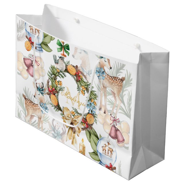 Grand Sac Cadeau Noël aquarelle personnalisé (Devant Angle)