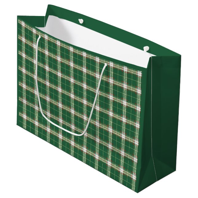 Grand Sac Cadeau Noël Blanc Vert Plaid Grand Cadeau (Devant Angle)