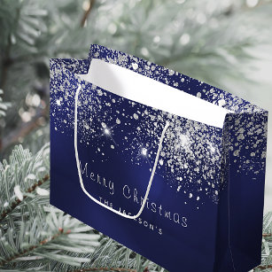 Grand Sac Cadeau Noël bleu argent blanc parties scintillant nom de 