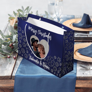 Grand Sac Cadeau Noël bleu argent neige coeur