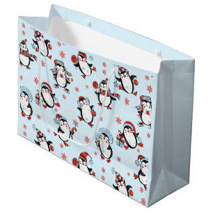 Grand Sac Cadeau Noël bleu Pingouin mignon