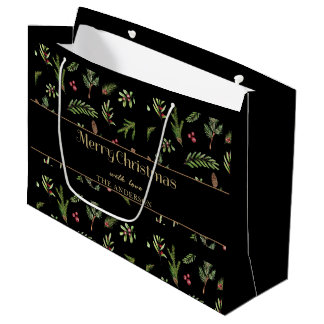 Grand Sac Cadeau Noël botanique Noir élégant moderne famille