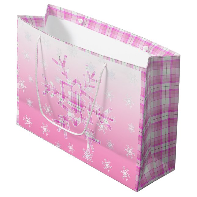 Grand Sac Cadeau Noël de la neige rose plaid (Devant Angle)