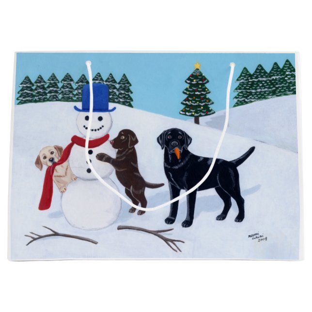 Grand Sac Cadeau Noël de Labrador avec le bonhomme de neige (Devant)