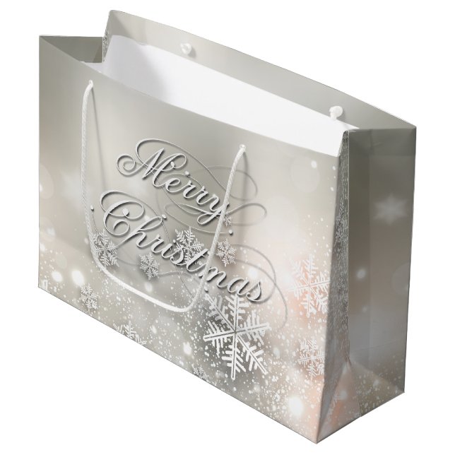 Grand Sac Cadeau Noël Fête Élégant Flocon de neige (Devant Angle)