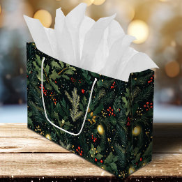Grand Sac Cadeau Noël Holly Dark Winter Holiday Foliing