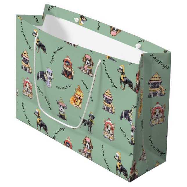 Grand Sac Cadeau Noël Illustré Chiens mignons Motifs vacances (Devant Angle)