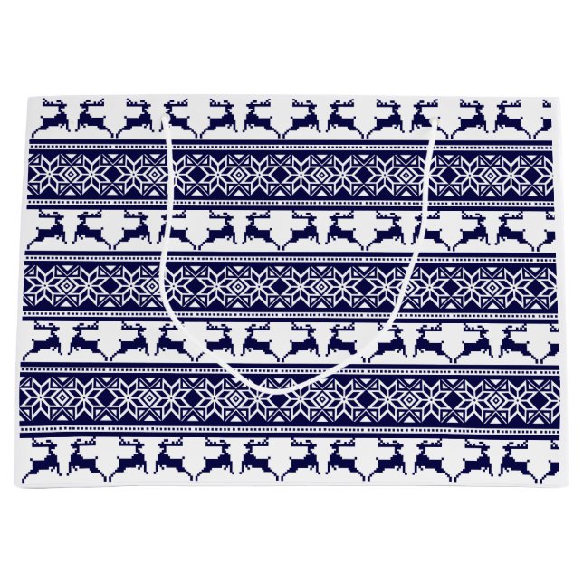 Grand Sac Cadeau Noël, le bleu et le blanc scandinave (Devant)