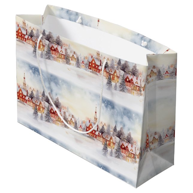 Grand Sac Cadeau Noël Neige hiver Wonderland Village Paysage (Dos Angle)