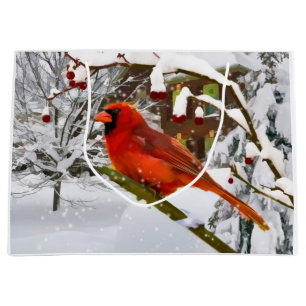 Grand Sac Cadeau Noël, oiseau cardinal rouge et neige