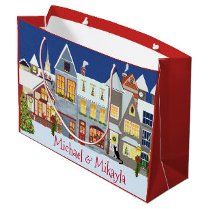 Grand Sac Cadeau Noël personnalisé de scène de rue de petite vil