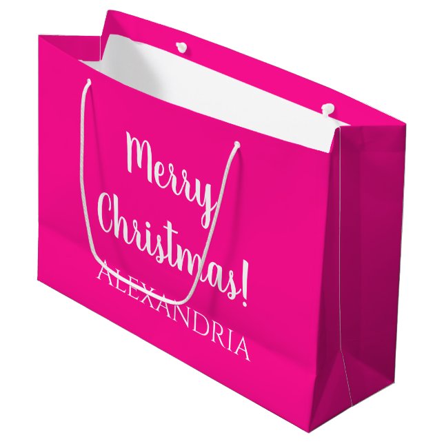 Grand Sac Cadeau Noël Personnalisé Joyeux Noël Rose Chaud (Devant Angle)