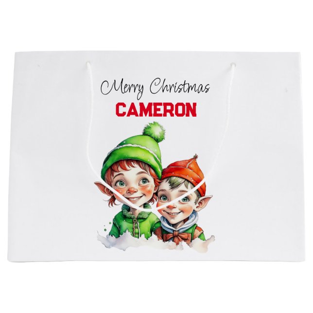 Grand Sac Cadeau Noël Petits Elfes Personnalisés (Devant)