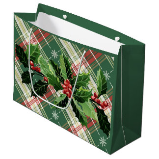 Grand Sac Cadeau Noël Plaid Blanc Or avec Couronne