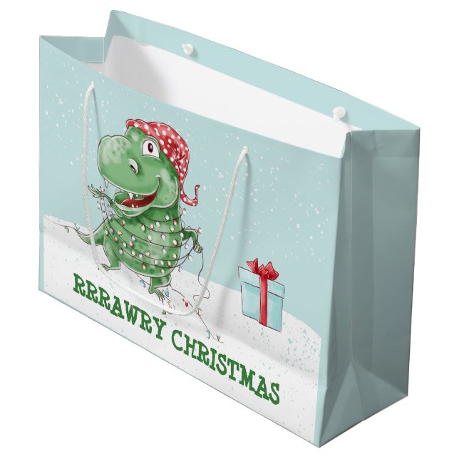 Grand Sac Cadeau Noël Rawry Dinosaure de Fêtes (Devant Angle)