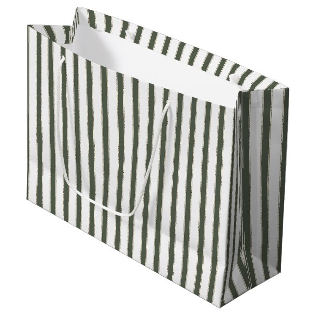 Grand Sac Cadeau Noël rayures blanches vert olive (Devant Angle)