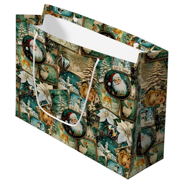 Grand Sac Cadeau Noël Rétro Vintage : Collage Vert (Devant Angle)