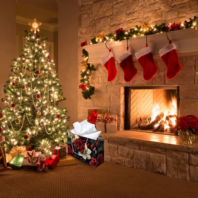 Grand Sac Cadeau Noël Rouge Poinsettia (Make your gifts unforgettable with our Red Poinsettia Christmas Gift Bag!)