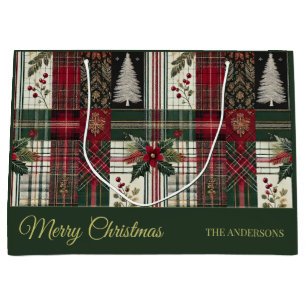 Grand Sac Cadeau Noël Russe Plaid traditionnel Vert Motif