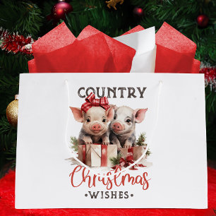 Grand Sac Cadeau Noël rustique Pays Souhaite Joli Cochon