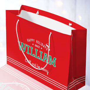 Grand Sac Cadeau Noël Santa Chapeau Nom Typographie Rouge Vert
