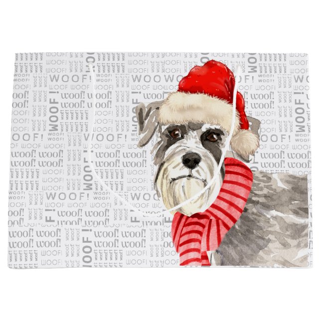 Grand Sac Cadeau Noël Schnauzer Chien Woof Words Holiday (Devant)