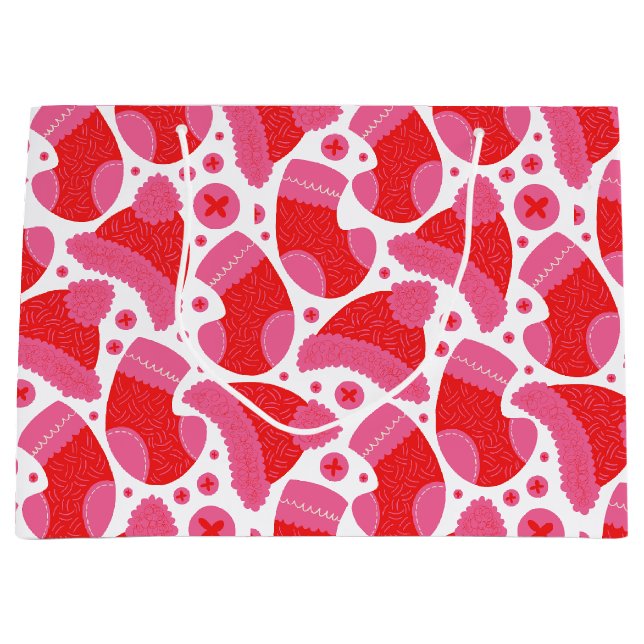 Grand Sac Cadeau Noël Stocker rouge et rose (Devant)