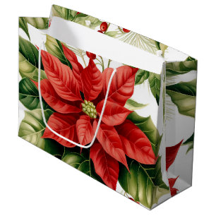 Grand Sac Cadeau Noël Vacances Poinsettia Holly Berry Rouge Vert