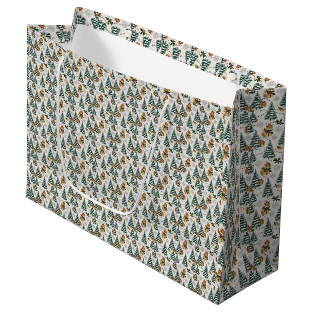 Grand Sac Cadeau Noël vert et beige (Devant Angle)