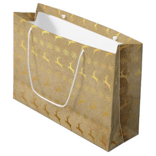 Grand Sac Cadeau Noëls de rennes à huile d'or et flocon de neige
