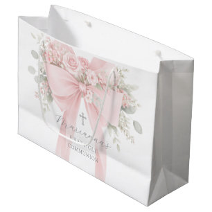 Grand Sac Cadeau Nœud rose poudré floral Première Sainte Communion