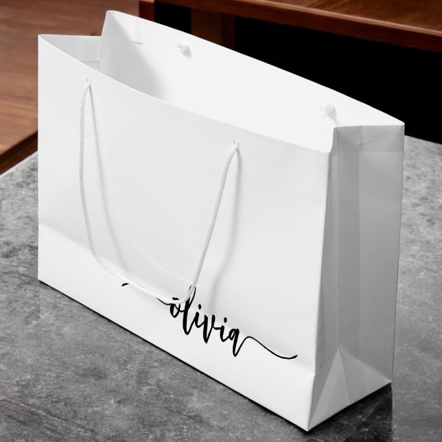 Grand Sac Cadeau Noir Blanc moderne Script Girl Monogramme Nom (Créateur téléchargé)
