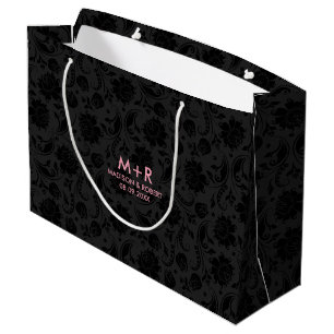 Grand Sac Cadeau Noir et gris foncé Damas Personnalisé Mariage rose