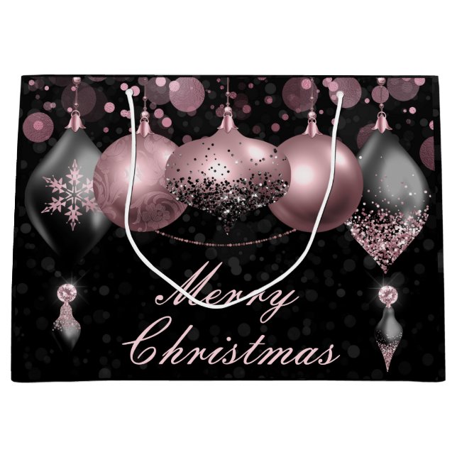 Grand Sac Cadeau Noir et rose vif Noël Baubles Ornements (Devant)