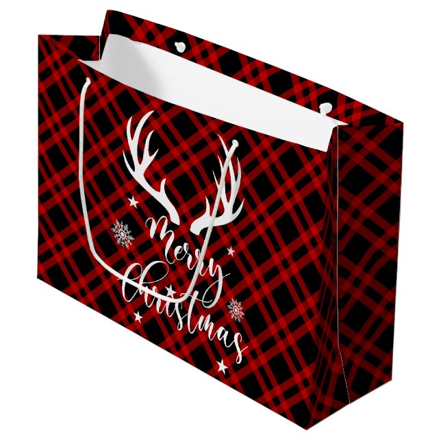 Grand Sac Cadeau Noir rouge Buffalo Plaid Deer Antlers Noël (Devant Angle)