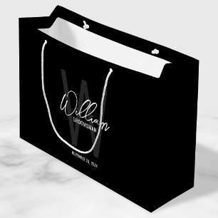 Grand Sac Cadeau Noir Script moderne Groomsmen personnalisé