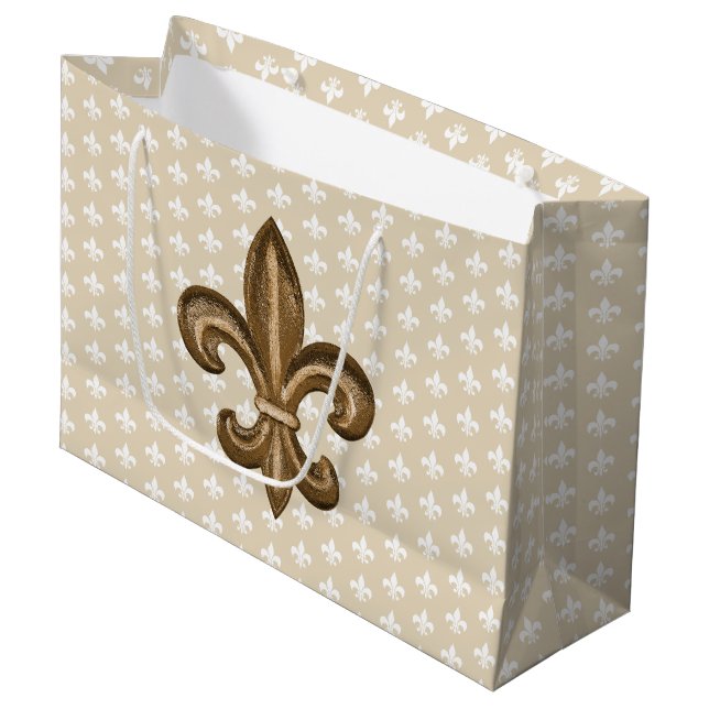 Grand Sac Cadeau Nola Gold & White French Fleur De Lis (Devant Angle)