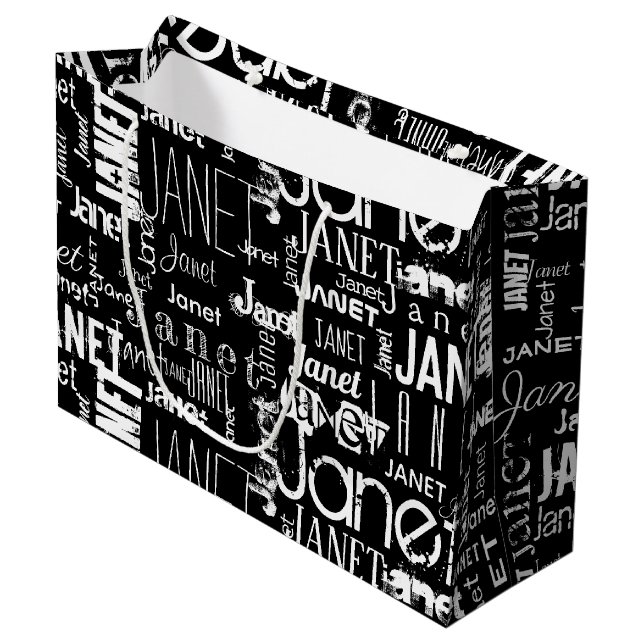 Grand Sac Cadeau Nom Black White Typographie Word Cloud (Devant Angle)