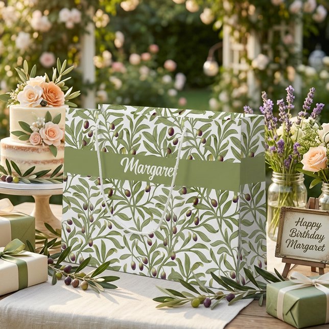 Grand Sac Cadeau Nom de branche d'olive Monogramme Vert Sauge (Olive Branch Name Monogram Sage Green Large Gift Bag)