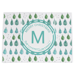 Grand Sac Cadeau Nom de famille Monogramme Joyeux Noël Arbres vert