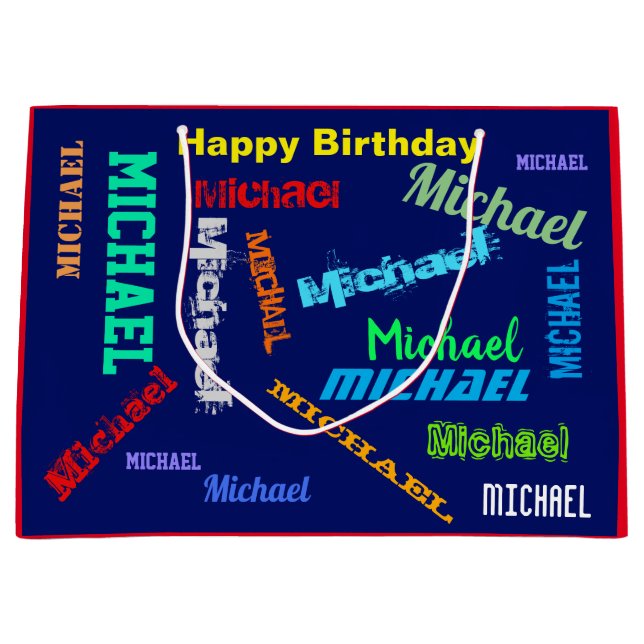 Grand Sac Cadeau NOM de répétition Joyeux anniversaire bleu rouge (Devant)