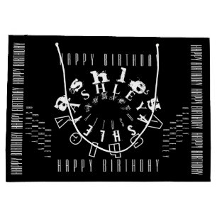 Grand Sac Cadeau Nom de répétition Joyeux anniversaire noir blanc