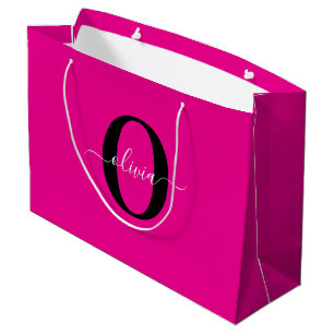 Grand Sac Cadeau Nom de script de monogramme personnalisé rose noir