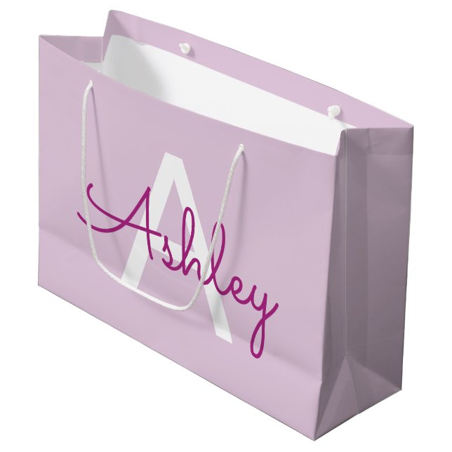 Grand Sac Cadeau Nom de script & monogramme | Magenta & Violet clai (Devant Angle)